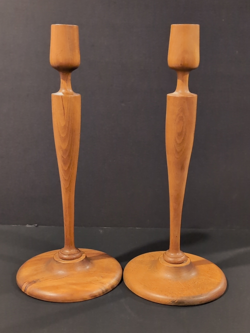 Mid-Century Modern Wooden Candlestick Pair - Natural Wood 13.5" Tall